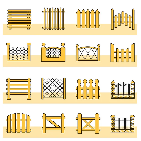 Набор Векторных Иллюстраций Различных Типов Заборов Белого Жёлтого Цвета Ворота — стоковый вектор