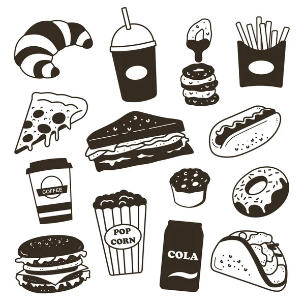 Diverses Silhouette Doodle Fast Food — Image vectorielle