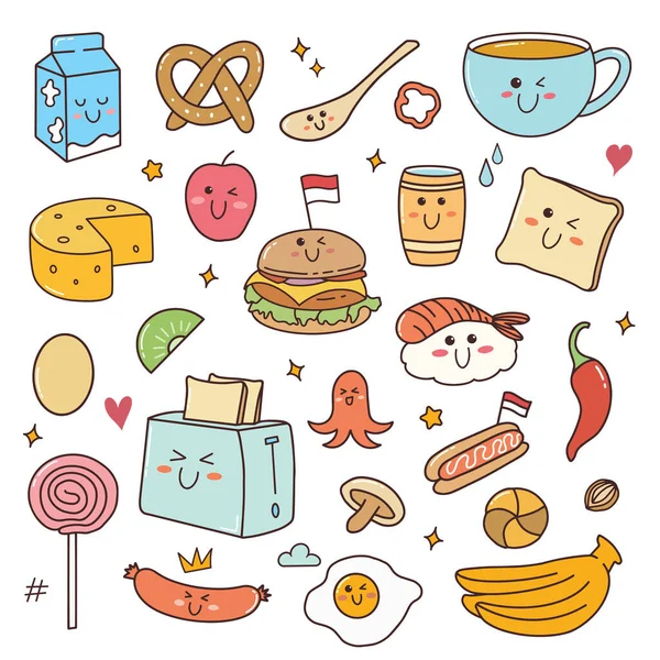 食品插图 可爱的涂鸦套装 — 图库矢量图片