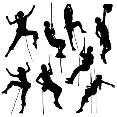 climbing in mountains silhouettes in different poses clipart