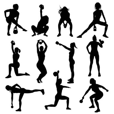 Kadın kettlebell vektör siluetleri