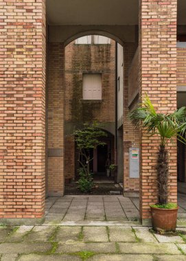 Architectural detail of apartment building in brutalist style in Venice, Italy