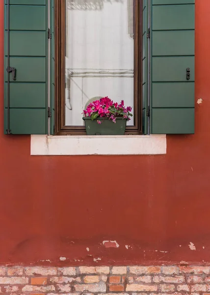 Okno Červenými Okenicemi Květy Červené Budově — Stock fotografie