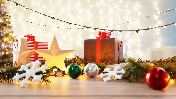 Presentförpackning Och Olika Juldekorationer — Stockfoto