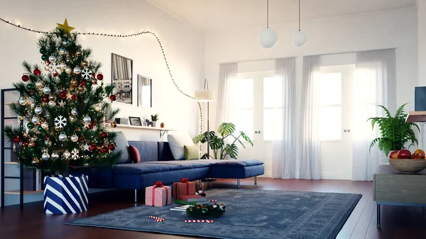 Obývací Pokoj Interiér Vánoční Stromeček Vykreslování — Stock fotografie