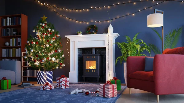 Árvore Natal Com Lareira Parede Azul Sala Estar — Fotografia de Stock