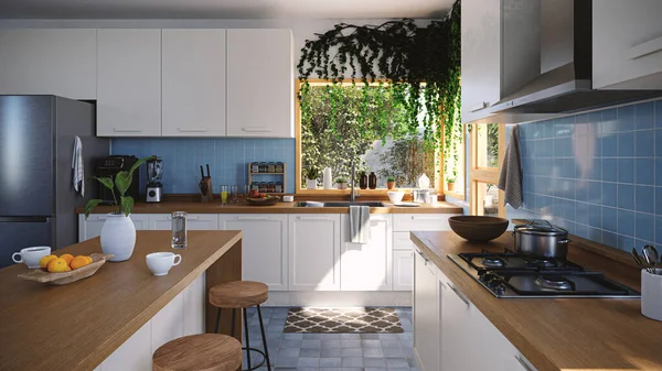 Białe Wnętrze Kuchni Drewnianymi Blatami Renderowanie — Zdjęcie stockowe