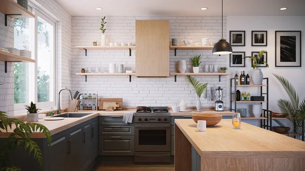 Keuken Interieur Met Houten Blad Tegen Witte Bakstenen Muur Achtergrond — Stockfoto