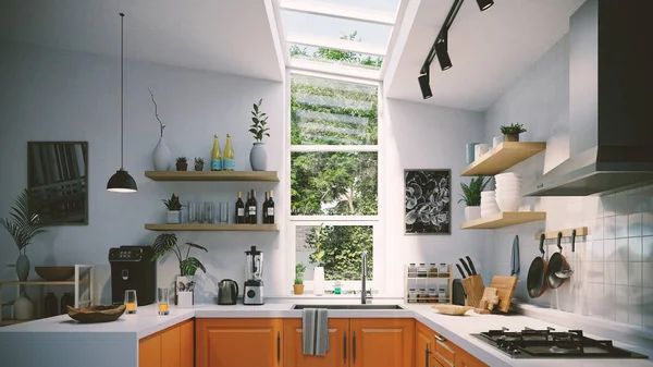 Oranje Witte Keukenmeubels Met Open Plafondglas — Stockfoto
