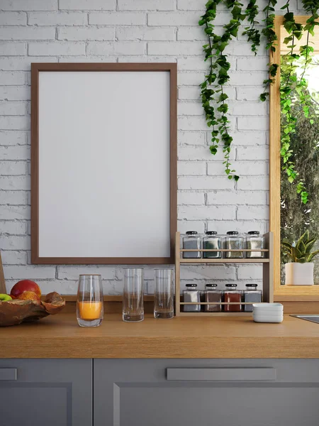 Blank Picture Frame Mock Kitchen Interior Rendering — Stock Photo, Image