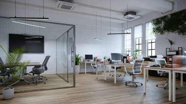 Beyaz tuğlalı duvarları ve ahşap zemini olan temiz bir ofis.