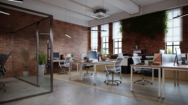 Neat office interior with red brick walls and concrete floor, 3d rendering