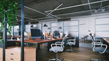 Geniş ofis içi tesisler ve açık tavan, 3D görüntüleme