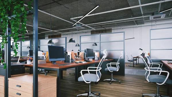 大型办公室内 有植物和开放的天花板 3D渲染 — 图库照片