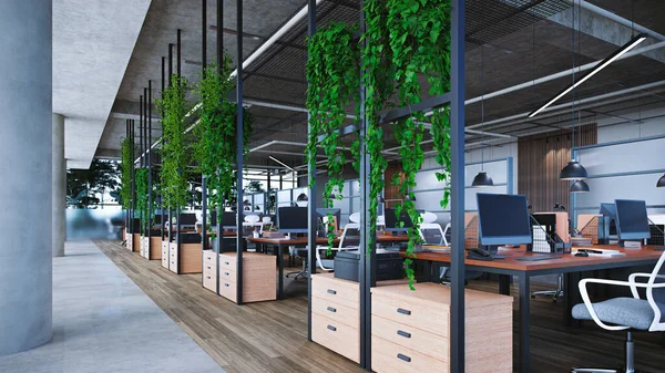 Gran Interior Oficina Con Plantas Techo Abierto Renderizado — Foto de Stock
