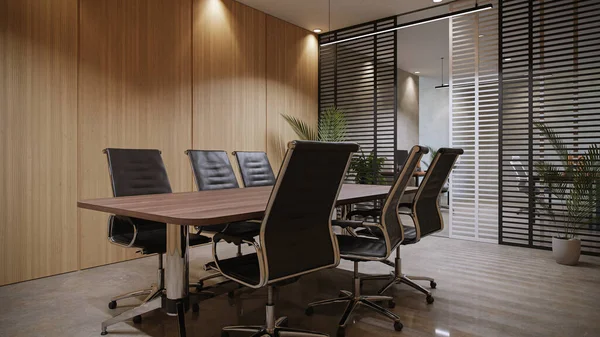 Tahta duvarlı, 3 boyutlu, 6 kişilik ofis toplantı odası.