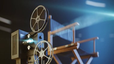 movie projector and movie director's chair in dark place, 3d rendering clipart