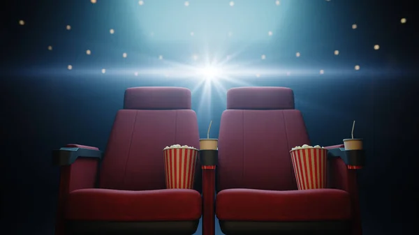 Kino Sedadlo Popcornem Pitím Tmavém Místě Podání — Stock fotografie