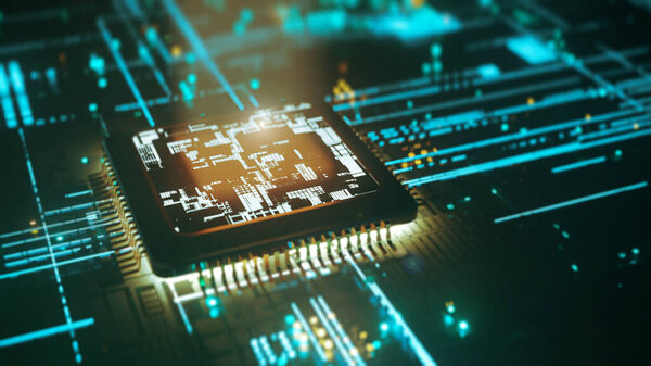 Концепция изображения контура светится зеленым в темноте и полупроводниковый чип светится ярко-желтым, 3d рендеринга