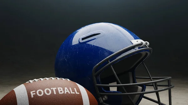 football ball and blue football helmet background, 3d rendering