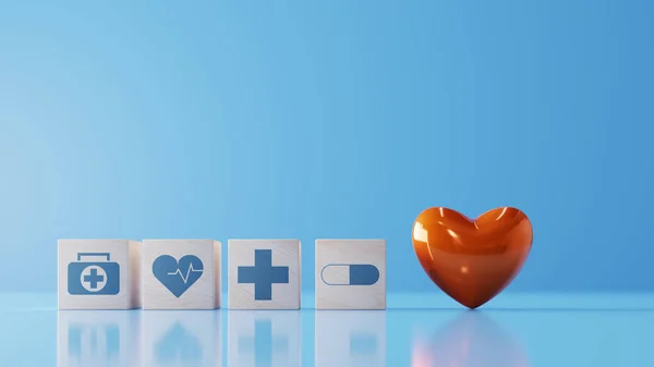 medical health care icon with red heart shape background, 3d rendering