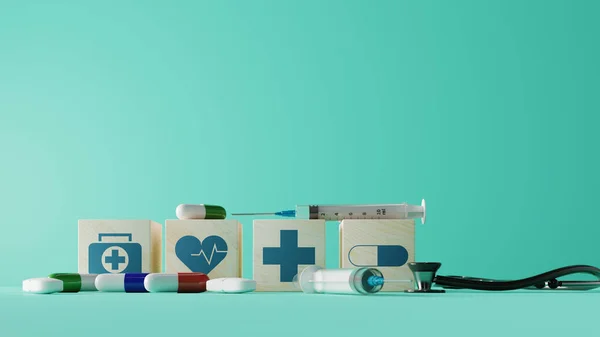 medical health care icon cube with medical equip and pill background, 3d rendering