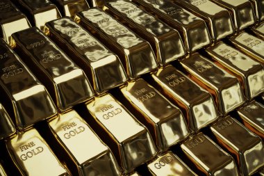 birçok altın külçesi arka planı kapatır, 3D görüntüler