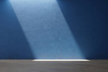 Yukarıdan sızan ışık ile mavi duvar arkaplanı, 3 boyutlu görüntüleme