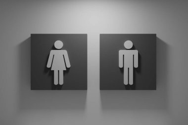 Yukarıdan gelen ışıklarla dolu gri tuvalet işaretleri, 3 boyutlu görüntüleme