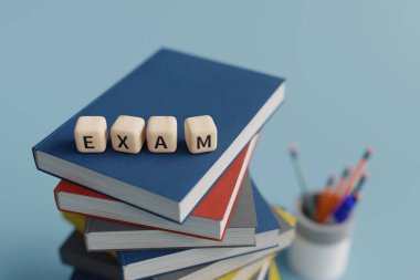pile of books and exam text background, 3d rendering