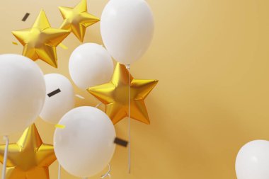white balloons and star shape gold balloons, 3d rendering
