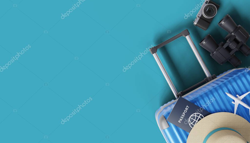 travel background with luggage bag and passport, 3d rendering