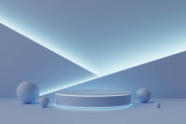 A simple podium stage with a solid blue color and neon lights, 3d rendering