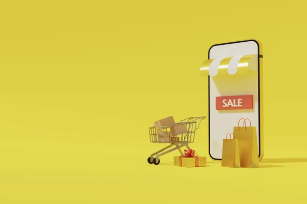 A shopping cart with product boxes, gift boxes, and a shopping bag in front of a smartphone with a storefront resembling the word \'sale\', 3d rendering