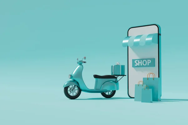 A shopping bag and delivery motorcycle in front of a smartphone with a storefront resembling the word 'shop', 3d rendering