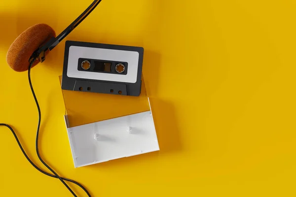 Top View Old Cassette Tape Headphones Yellow Background Rendering — Photo