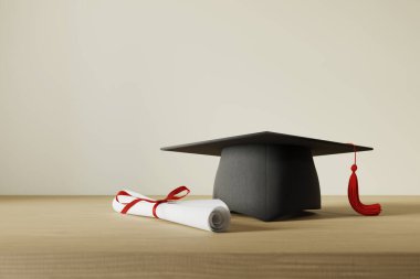 graduation cap and diploma concept background, 3d rendering