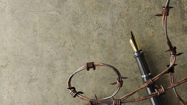 Fountain Pen Free Speech Barbed Wire Rendering — Stock Photo, Image