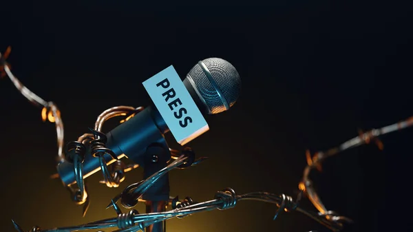 Microfonul Unui Reporter Conferinţă Presă Prin Sârmă Ghimpată Redare — Fotografie, imagine de stoc