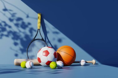 Mavi arka planda çeşitli spor topları ve ekipmanlar var. 3d oluşturma