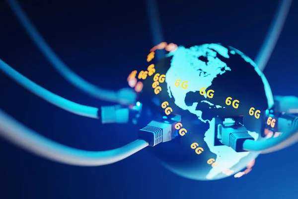 Background Internet Cable Connected Earth Letters Surrounding Earth Satellites Rendering — Stock Photo, Image