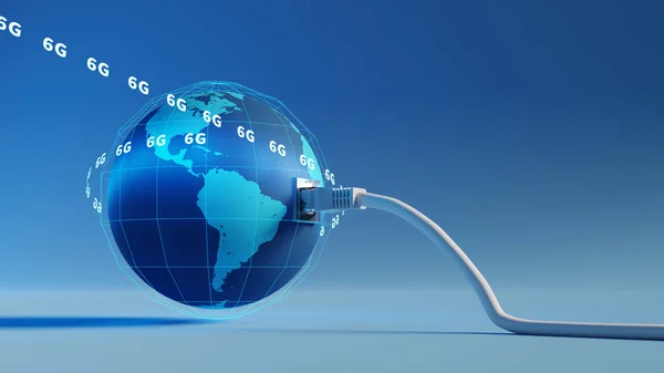 Background with internet cable connected to the earth and 6G letters surrounding the earth like satellites. 3d rendering