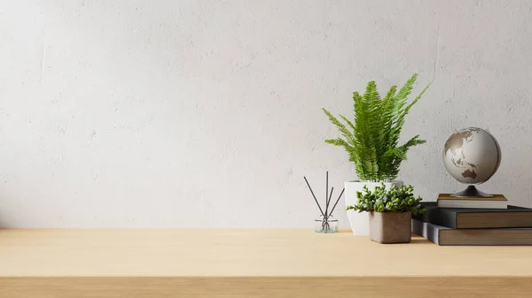 Hintergrund Mit Einem Holztisch Vor Einer Weißen Wand Mit Einer — Stockfoto