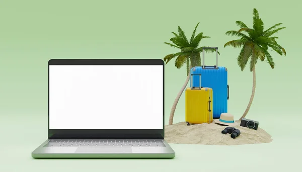 Ekran Laptop Tło Makieta Palmami Walizki Obok Niego Piasku Plaży — Zdjęcie stockowe