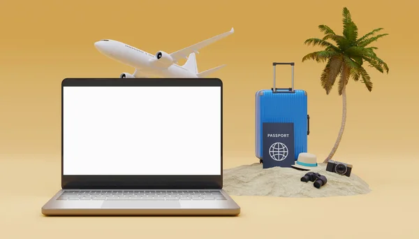 Mockup Van Een Laptop Scherm Met Een Koffer Paspoort Naast — Stockfoto