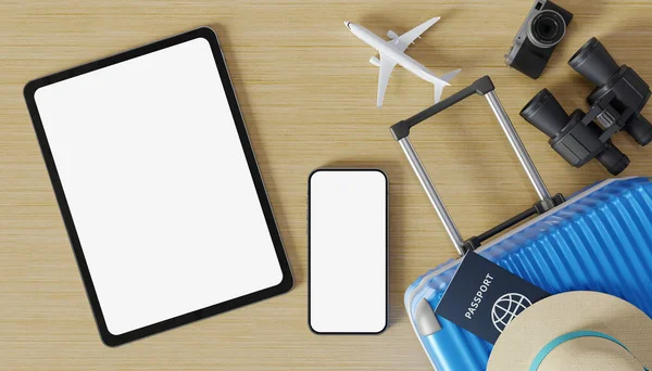 Bovenaanzicht Van Tablet Telefoon Mockup Met Koffer Paspoort Destructie — Stockfoto