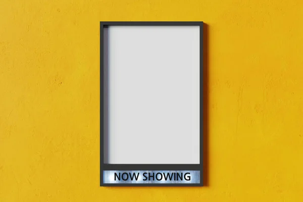 Nyní Ukazuje Film Plakát Maketa Žluté Zdi Vykreslování — Stock fotografie