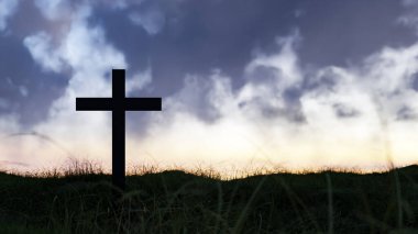 Arka planda bir haçın arkasında bulutlarla gün batımı. 3d oluşturma