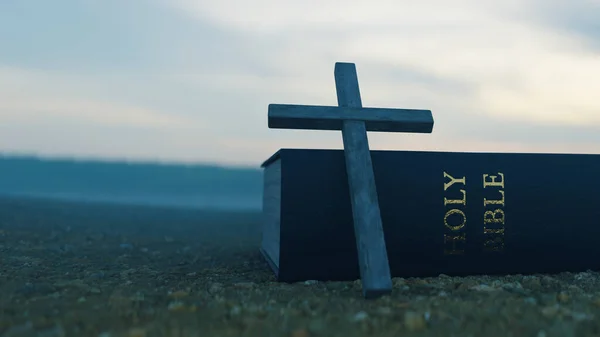 Cross Bible Together Misty Sunset Rendering — Stock Photo, Image