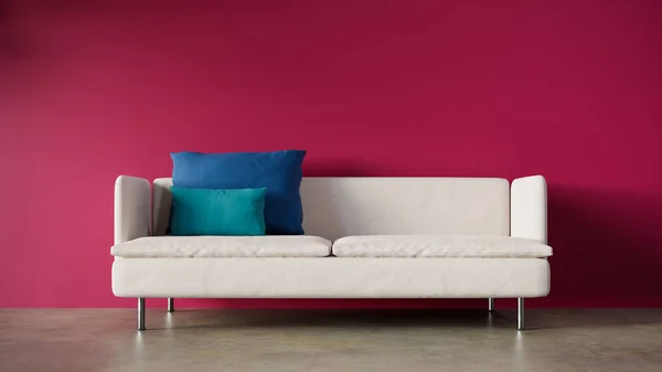 Vorderansicht Eines Zweisitzigen Weißen Sofas Mit Einer Magentaroten Wand Dahinter — Stockfoto